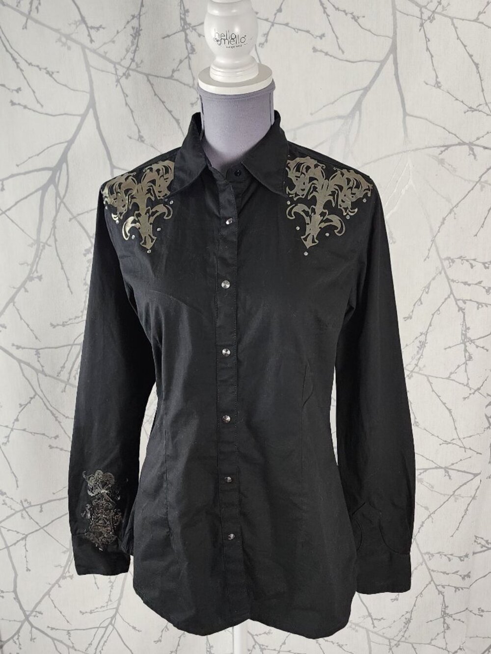 Wrangler Black Cotton Metallic Bronze Graphic Print Western Blouse
